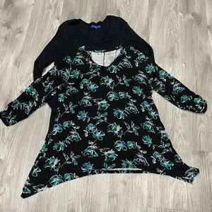 Floral Black and Teal Blouse and Dark Green Sweater